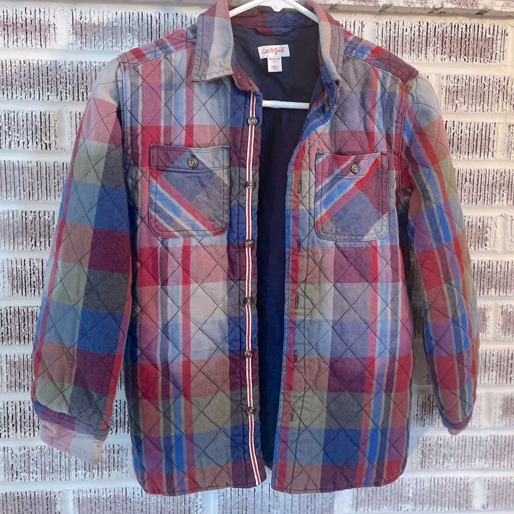 Cat & Jack Plaid Flannel Quilted Button Front Shirt Jacket Blue+ Red Sz M(8/10)
